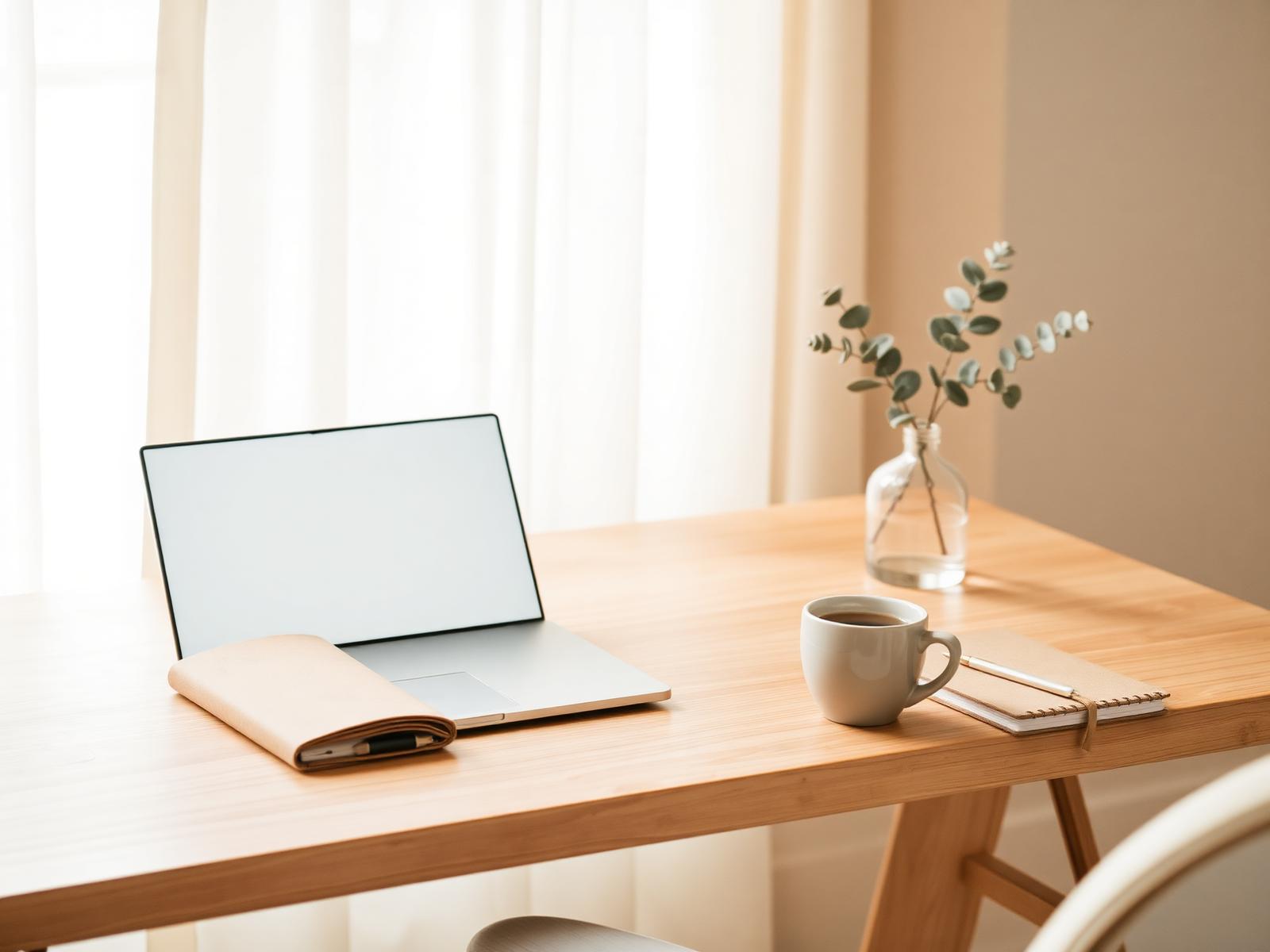 Modern, organized home workspace — calm natural light, warm neutral palette